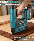 Cordless 18 Gauge Brad Nailer And Staple Gun Bundle With Battery And 1000 Piece Fastener Kit for woodworking, close-up view on table.
