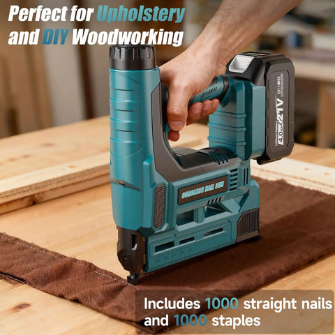 Cordless 18 Gauge Brad Nailer And Staple Gun Bundle With Battery And 1000 Piece Fastener Kit for woodworking, close-up view on table.