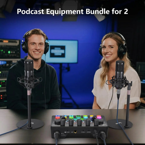 Two Person Podcast Gear Bundle With Dual XLR Condenser Mics USB Audio Interface 48V Phantom Power Built In Recorder