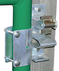 Top Rated Heavy Duty Livestock Gate Latch 4 Pack One Way Tensioner padlock mounted on green gate post for secure operation.
