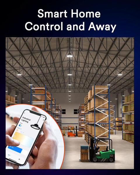 Warehouse with Bluetooth Mesh Gateway Hub for UFO High Bay Lights and Deck Lights, smartphone controls industrial lighting