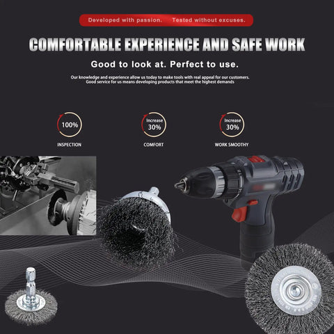 Six Piece Drill Wire Wheel Cup Brush Set With Coarse Crimped Wire and drill, showcasing rust removal and paint stripping tool.