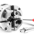 2.75 Inch 4 Jaw Self Centering Keyed Lathe Chuck Set For Wood Lathe With 1 Inch 8 TPI Thread and tools on white background