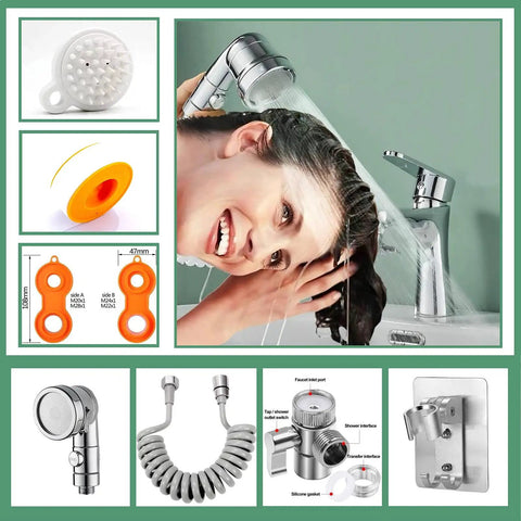 Sink Faucet Hose Sprayer Attachment Handheld Sprayer With On Off Valve And Seven Adapters Six And A Half Foot Extension Hose Silver Shower Head For Hair Washing Baby Bath Pet Rinse Dishes Easy Install in use with various components shown and woman using the sprayer to wash hair.