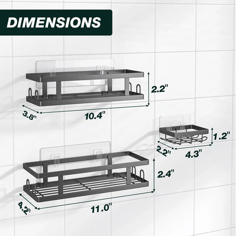 Dimensions of Adhesive Shower Caddy 3 Pack With Two Shelves, Soap Holder And 12 Hooks For Tidy Bathrooms on tiled wall