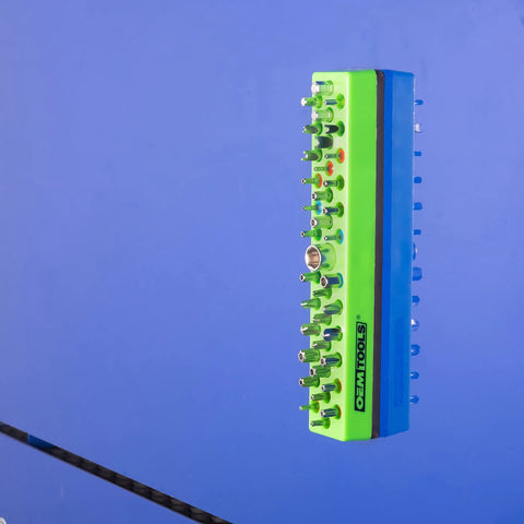 36 Piece Magnetic Hex Bit Holder Kit for fast drill bit storage and organization mounts to metal surfaces with green color