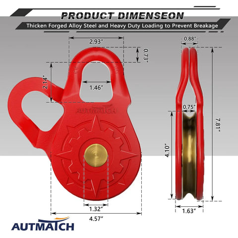 Winch Snatch Block 18 Ton Pulley For Off Road Recovery Red Heavy Duty Beefed Up Gear That Handles 39,683 Lbs Capacity And 79,366 Lbs Break Strength, Compatible With Synthetic Rope Or Steel Cable For Trucks UTVs And ATVs; red alloy steel dimensions