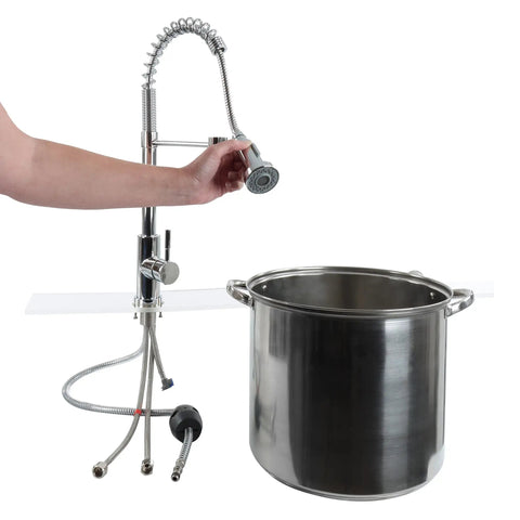 Pull Down Kitchen Faucet With Sprayer Chrome Finish 2 In 1 displayed with hand operation and large stainless steel pot underneath