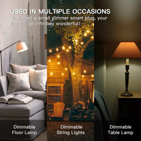 Outdoor Smart Dimmer Plug With Alexa And Google Home Control Easy App Remote Dim Lights Up To 400W Incandescent Or 150W LED CFL IP44 Weatherproof For Dimmable Outdoor Lights Floor And Table Lamps No Fuss Setup used in various lighting setups with lamps and string lights.
