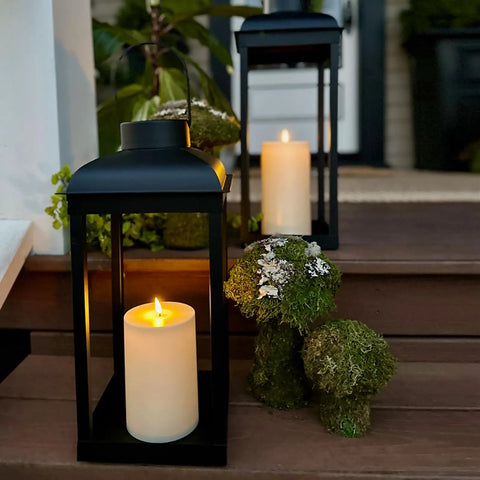 Outdoor Solar Powered Lantern With Flickering LED Candle For Porch Garden And Patio, 15 Inch Tall Black Metal Open Frame No Glass, Dusk To Dawn Auto On, Large Dope Vibe Outdoor Light For Nighttime Ambience
