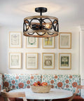 Three Light Farmhouse Ceiling Light With Rustic Black And Wood Grain Finish, Modern Drum Semi Flush Mount in a dining area
