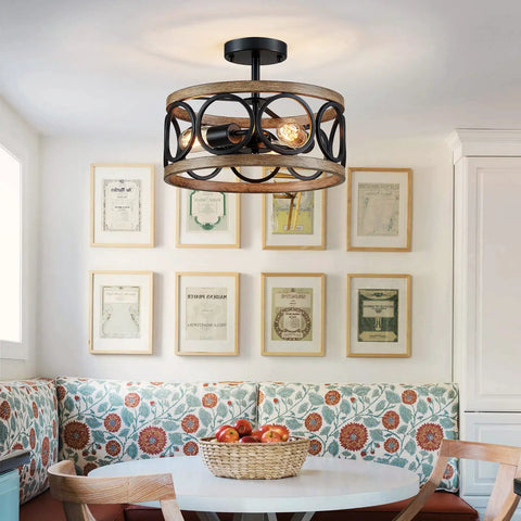 Three Light Farmhouse Ceiling Light With Rustic Black And Wood Grain Finish, Modern Drum Semi Flush Mount in a dining area