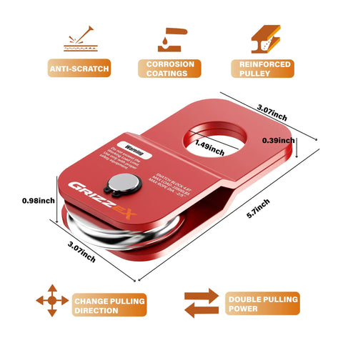 4.8T Heavy Duty Beefed Up Winch Snatch Block For Off Road Recovery, 10,500 Lb Working Load, Compatible With Synthetic Rope Or Steel Cable, Red Recovery Pulley For Tough Trails, red snatch block with dimensions and reinforced pulley
