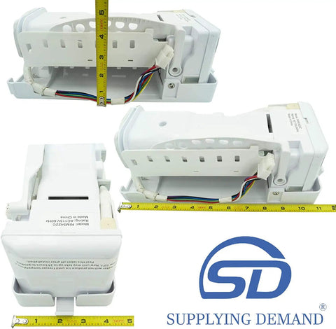 Model Specific 7 Cube Ice Maker Replacement with 10 Pin Connector, measuring tape shows size, for specific fridge models.