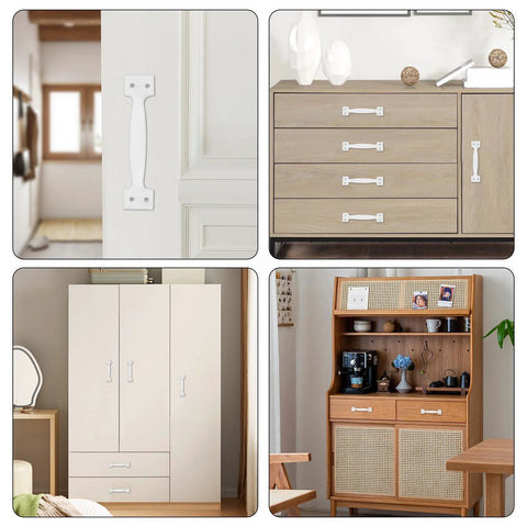 Various furniture installations showing 2 Pack White Barn Door Handle Pulls 5.5 Inch with Screws on cabinets and drawers in a modern home.