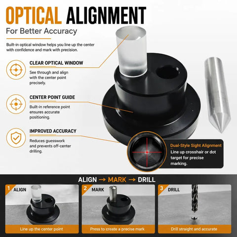 Precision Optical Center Punch Kit Delivering Dead On Accuracy With Crisp Crosshair View showing optical alignment features and tools.