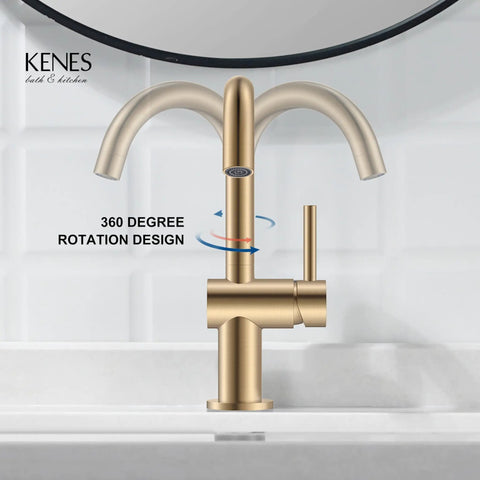 Champagne Bronze Single Handle Bathroom Faucet One Hole Vanity Sink With Lead Free Certified Design And Slick Aerated Flow for 360 degree rotation in modern decor.