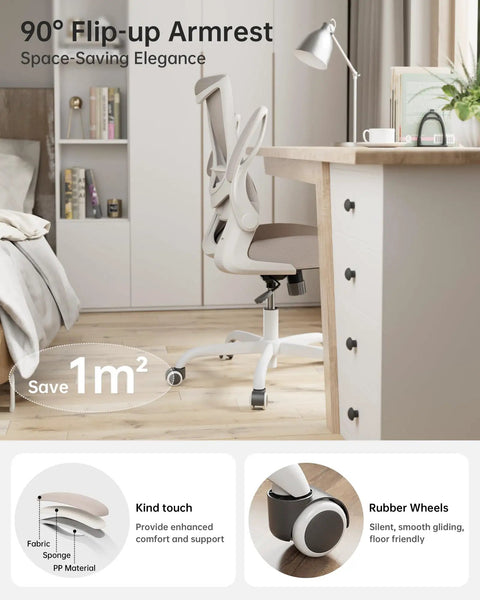 Ergonomic Desk Chair With Adjustable Lumbar Support And Flip Up Armrests In Breathable Mesh For All Day Comfort At Home Or In The Office Khaki Color S Shaped Back Height And Tilt Adjustability in a home office setting