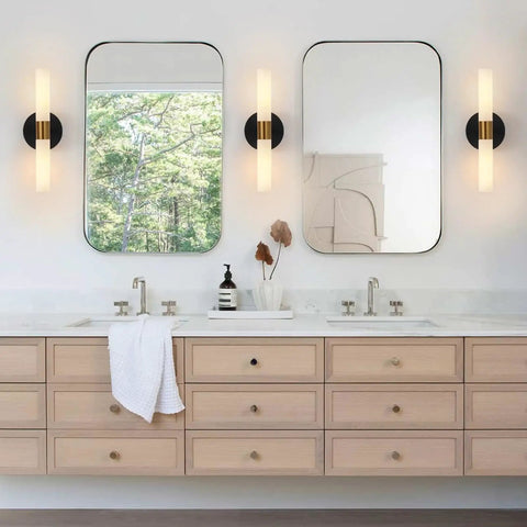 Black And Brass Wall Sconces Set Of Two With Frosted Glass Shades for bathroom decor above vanity mirrors.