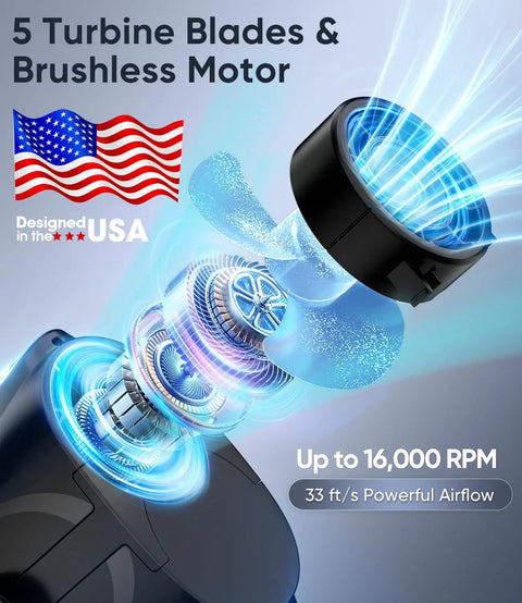 Hands Free Belt Clip Personal Fan With 4 In 1 Cooling Waist Neck Desk And Handheld, Turbo Airflow at 16000RPM, brushless motor diagram
