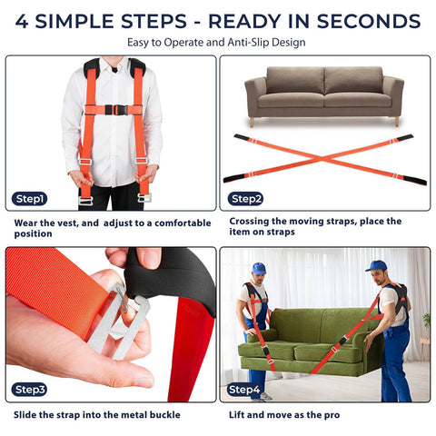 4-step guide using Two Person Moving Straps Kit For Heavy Duty Furniture And Appliances With Shoulder Lifting System Back Support Vest