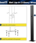 Assembly instructions for Universal EV Charger Pedestal Featuring Heavy Duty Steel Frame and seamless wire routing design.