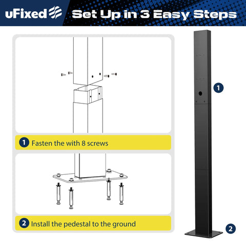 Assembly instructions for Universal EV Charger Pedestal Featuring Heavy Duty Steel Frame and seamless wire routing design.