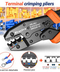 Pro Grade Ratcheting Crimping Tool Kit For Insulated Wire Connectors AWG 20 10 With 400 Pcs Insulated Connectors close-up view