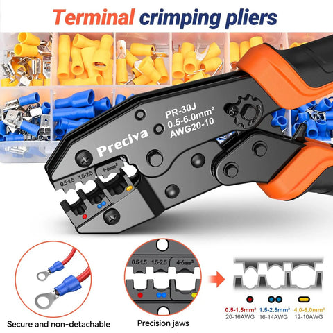 Pro Grade Ratcheting Crimping Tool Kit For Insulated Wire Connectors AWG 20 10 With 400 Pcs Insulated Connectors close-up view