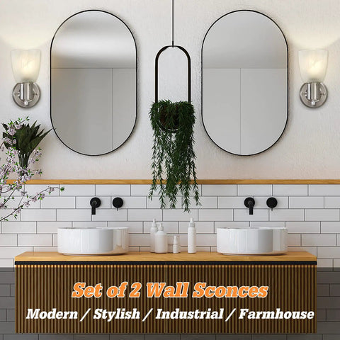 Turn Up The Vibe With This Set Of Two Modern Wall Sconces Brushed Nickel Vanity Lights Featuring Durable Metal Frosted Glass Shades For A Solid Bathroom Setup That Really Slays On Style Daily, showcasing two sconces lighting a modern bathroom.