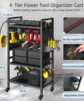 Power Tool Organizer Cart With Built In Charging Station And Eight Outlet Power Strip Four Tier Rolling Garage Tool Cart Heavy Duty Floor Standing Storage Rack Supports Up To 500 Lb Includes Drill Holder And Pegboard Hooks Built For Tough Jobs with multiple storage tiers and tools on display.