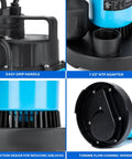 Half Horsepower Submersible Sump Pump With Automatic Float Switch 2980 GPH showing handle, adapter, airlock design, and turbine base