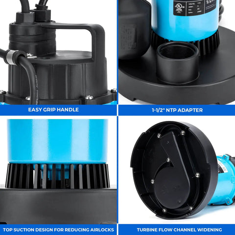 Half Horsepower Submersible Sump Pump With Automatic Float Switch 2980 GPH showing handle, adapter, airlock design, and turbine base
