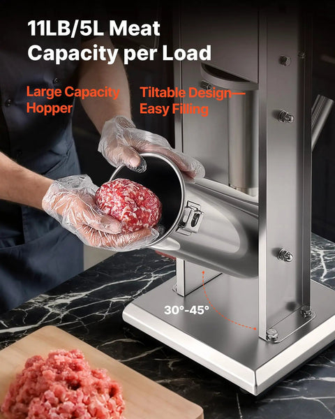 Manual Sausage Stuffer 11 Lbs Vertical Meat Filler With 5 Stuffing Tubes in use, showcasing hand cranking and meat loading process.