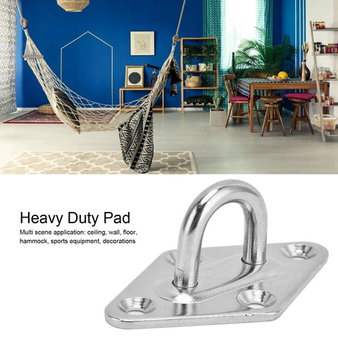 4 Pack Stainless Steel Pad Eye Hooks Set for Heavy Duty Ceiling Mounts and Wall Hangers Kit shown with hammock