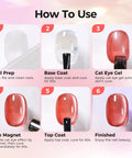 Step-by-step guide for using Nine Color Cat Eye Gel Polish Set with Magnetic Nail Kit for DIY manicures and nail art.