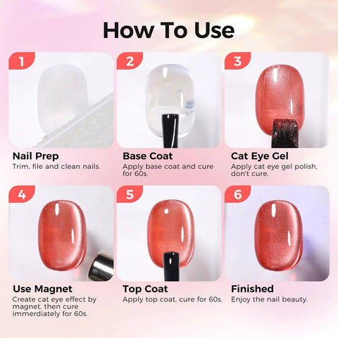 Step-by-step guide for using Nine Color Cat Eye Gel Polish Set with Magnetic Nail Kit for DIY manicures and nail art.