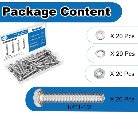 Beefed-Up 1/4x1-1/2 Inch Hex Bolts Kit With 20 Nuts, 20 Flat Washers, And 20 Spring Washers In 304 Stainless Steel SAE Right Hand Threads