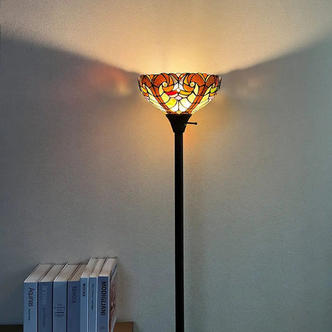 Tiffany Torchiere Floor Lamp With Stained Glass Shade, 70 Inch Tall Antique Style Standing Light for Living Room on display