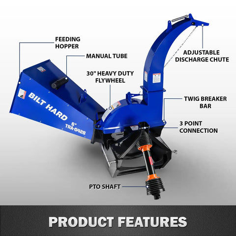 6 Inch 3 Point PTO Wood Chipper For 40-100 HP Tractors Heavy Duty Mulcher With 30 Inch Rotor And Reversible Blades Category 1 And 2 Hitch