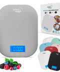 Gray Digital Kitchen Scale For Cookin And Meal Prep, Accurate Grams And Ounces next to packaging and berry fruits