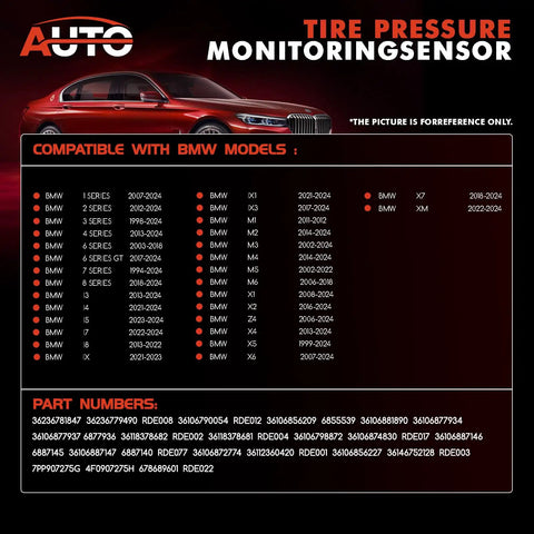 Four Pack 315 433 MHz Universal Pre Programmed TPMS Sensors For BMW Tire Pressure Monitoring System Replacement Plug And Play Easy Install And Reliable Performance Compatible With Most BMW Models, compatibility chart