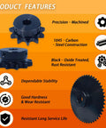 Rock Hard 16 Tooth #40 Roller Chain Sprocket With 1-1/4 Inch Bore Keyway Heavy Duty Black Oxide Finish showcasing precision machined design.