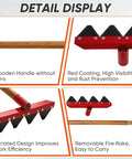 Detail display of 55 Inch Fire Rake With Locust Wood Handle, Heavy Duty Wildland Firefighting Tool, features serrated head and red coating.
