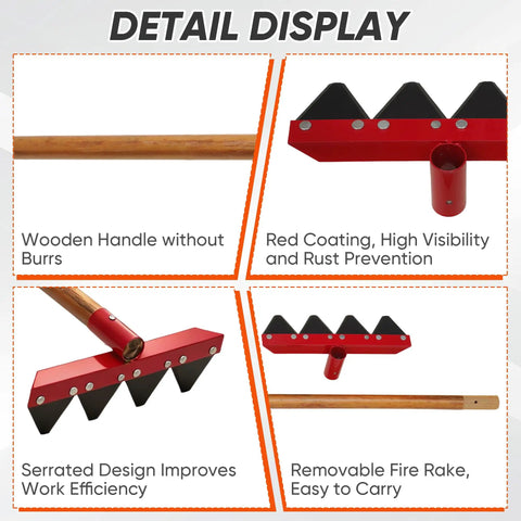 Detail display of 55 Inch Fire Rake With Locust Wood Handle, Heavy Duty Wildland Firefighting Tool, features serrated head and red coating.