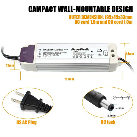Dimmable 50W LED Driver for Light Strips and Accent Lighting 110V AC to 12V DC Transformer, Magnetic Mount, US AC Plug, DC Jack
