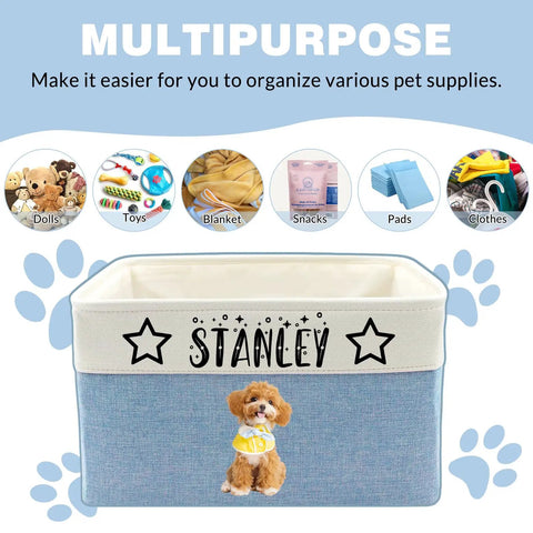 Personalized Pup Toy Bin With Name Foldable Blue Organizer For Dogs And Cats featuring 'Stanley' and dog illustration