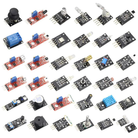 Assorted modules from the 37 In 1 Sensor Starter Kit For Arduino And Raspberry Pi showcasing various sensors for DIY projects.