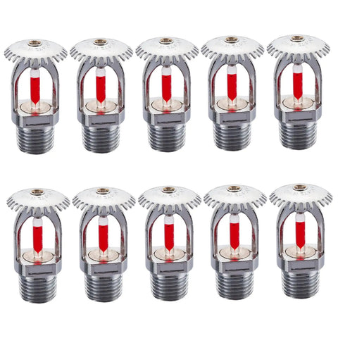 10 Pack Solid Copper Fire Sprinkler Heads 155F Upright Spray Half Inch Npt Thread with red indicator for safety.