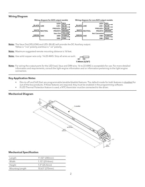Wiring and mechanical diagram of 30W Dimmable LED Driver With Constant Current, 0-10V Dimmable, 120-277VAC Input, 10-55VDC Output